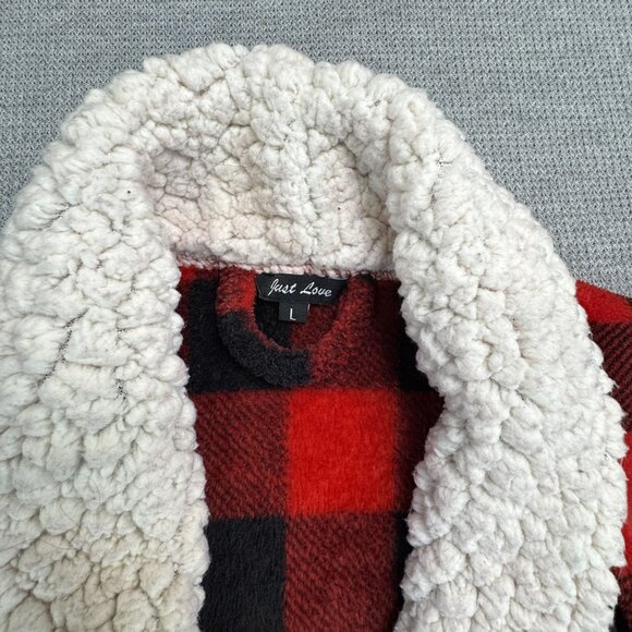 Red Black Buffalo Plaid Sherpa Fleece Robe Womens L Tie Waist Pockets Just Love - Picture 9 of 16